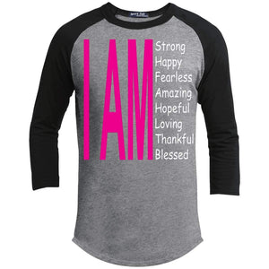 I Am: Strong, Happy, and Amazing | 3/4 Sleeve Raglan Tee-Apparel-Swagtastic Gear