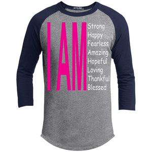 I Am: Strong, Happy, and Amazing | 3/4 Sleeve Raglan Tee-Apparel-Swagtastic Gear