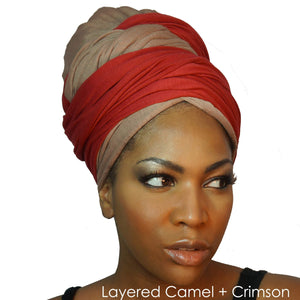 A model showcases a camel tan African headwrap in stretchy jersey knit, blending subtle elegance with a traditional design for everyday style and comfort.